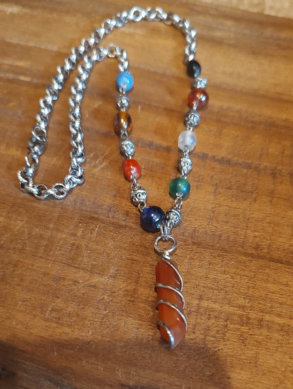 Carnelian Pendant And Beaded Chain/Rolo Link Chain 19